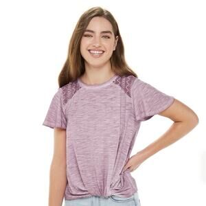 Jolt Junior's Crochet Shoulder Twist-Front Tee Shirt Top Size Large